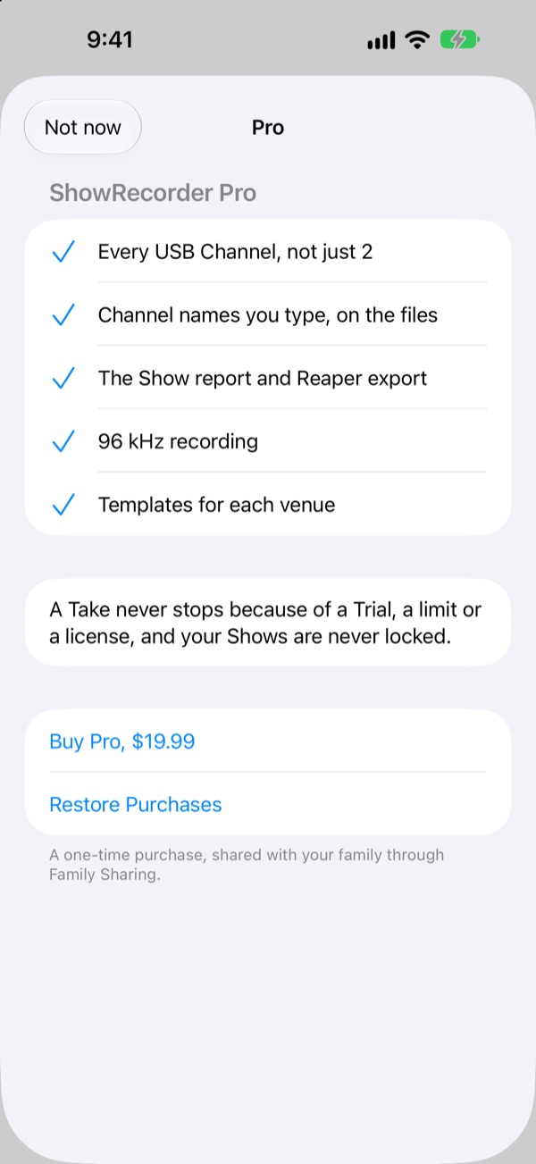 The Pro screen: every USB Channel, channel names you type, the Show report and Reaper export, 96 kHz recording and Templates, with Buy Pro for $19.99 and Restore Purchases.