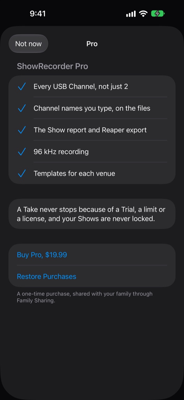 The Pro screen: every USB Channel, channel names you type, the Show report and Reaper export, 96 kHz recording and Templates, with Buy Pro for $19.99 and Restore Purchases.